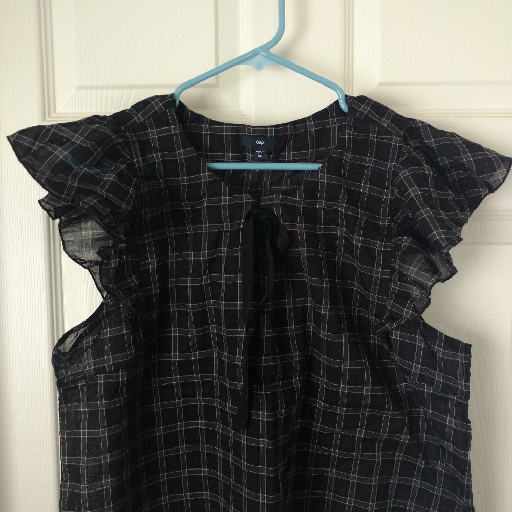 Gap Tunic Black Plaid Cap Sleeve Popover Top XL
